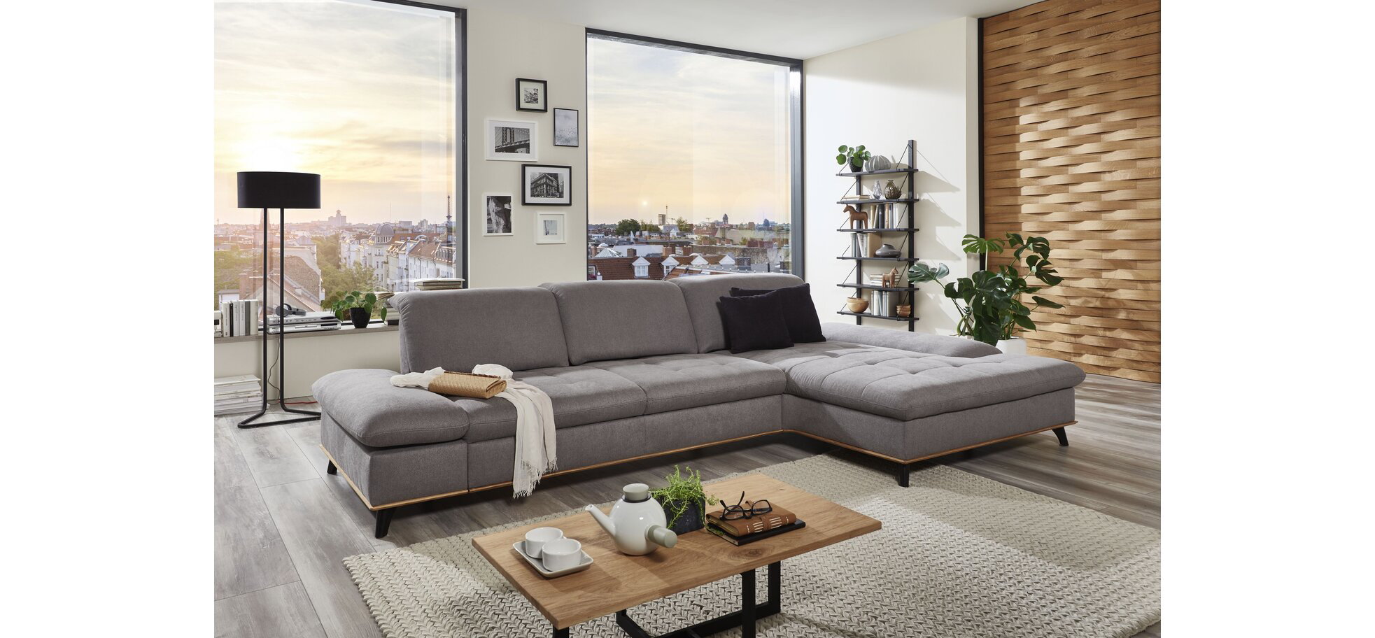 Ecksofa - 2-Sitzer mit Longchair rechts, inkl. Schwenkrücken, Stoff, Grau – Bild 2