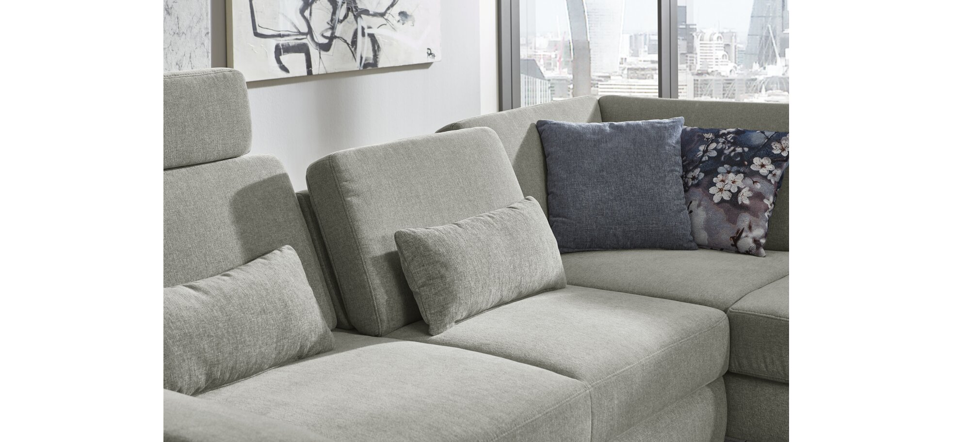 Ecksofa - 2,5-Sitzer mit Ecke rechts, Sitztiefe verstellbar (manuell), Chenilleflachgeweber, Hellgrau – Bild 3