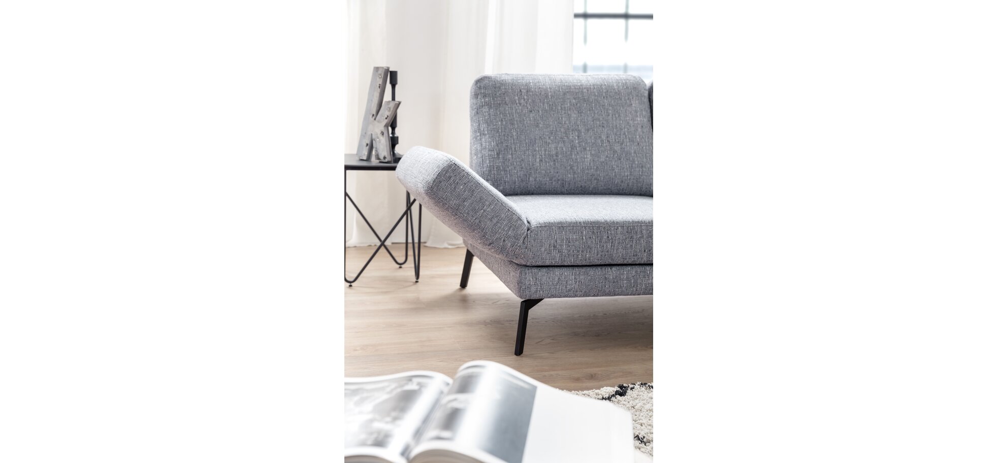 Ecksofa - 2-Sitzer mit Ecke rechts, Rückenlehne/Armlehne verstellbar (manuell), Drehsitz (manuell), Flachgewebe, Graublau – Bild 3