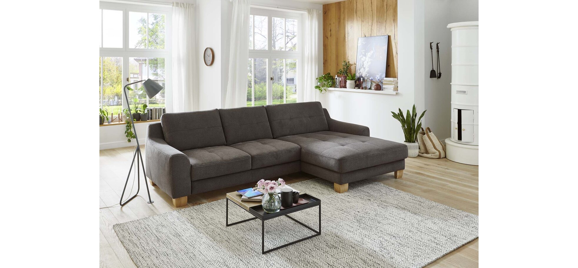 Ecksofa - 2,5-Sitzer mit Longchair rechts, Chenilleflachgewebe, Anthrazit – Bild 2
