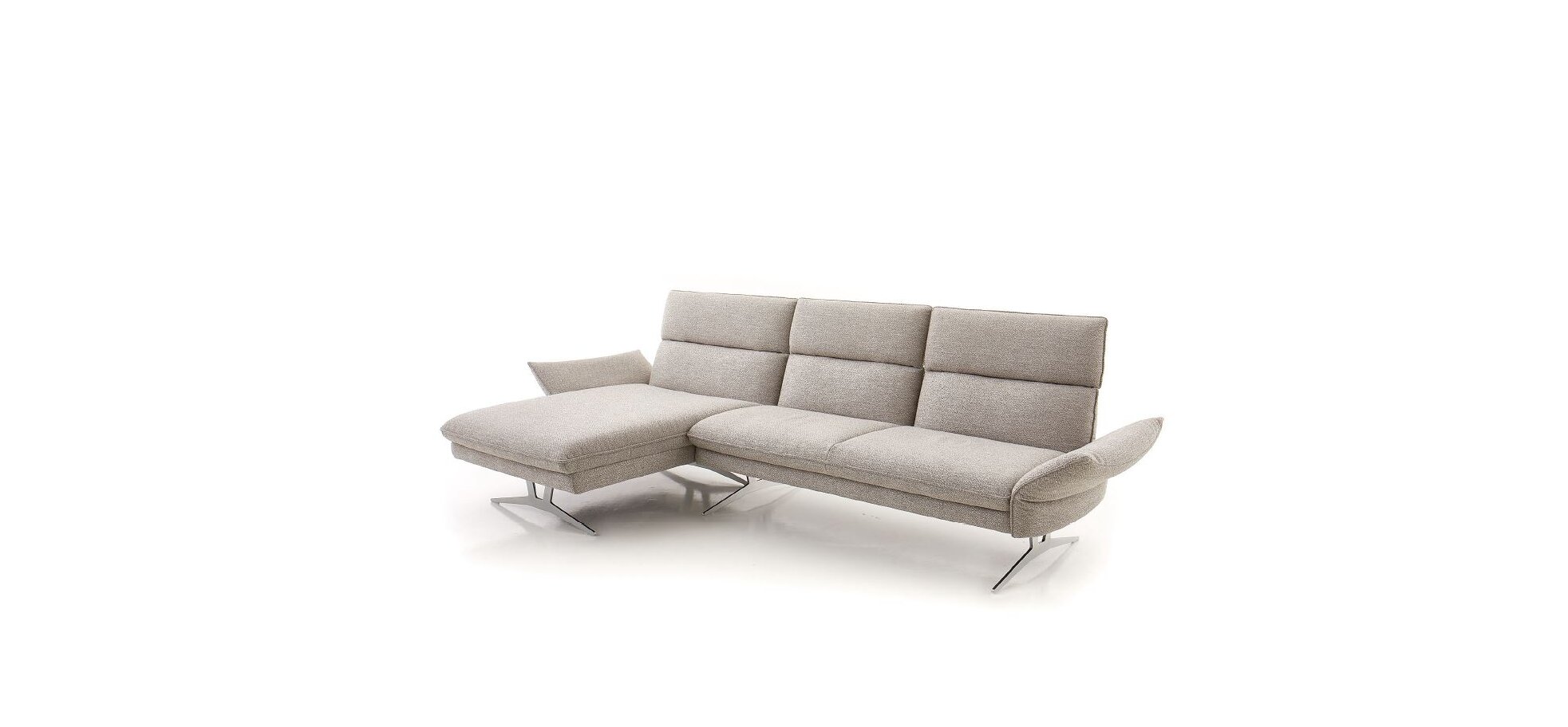 Ecksofa - 2,5-Sitzer mit Lonchair links, Kopfteil/Armlehne verstellbar (manuell), Flachgewebe, Grau