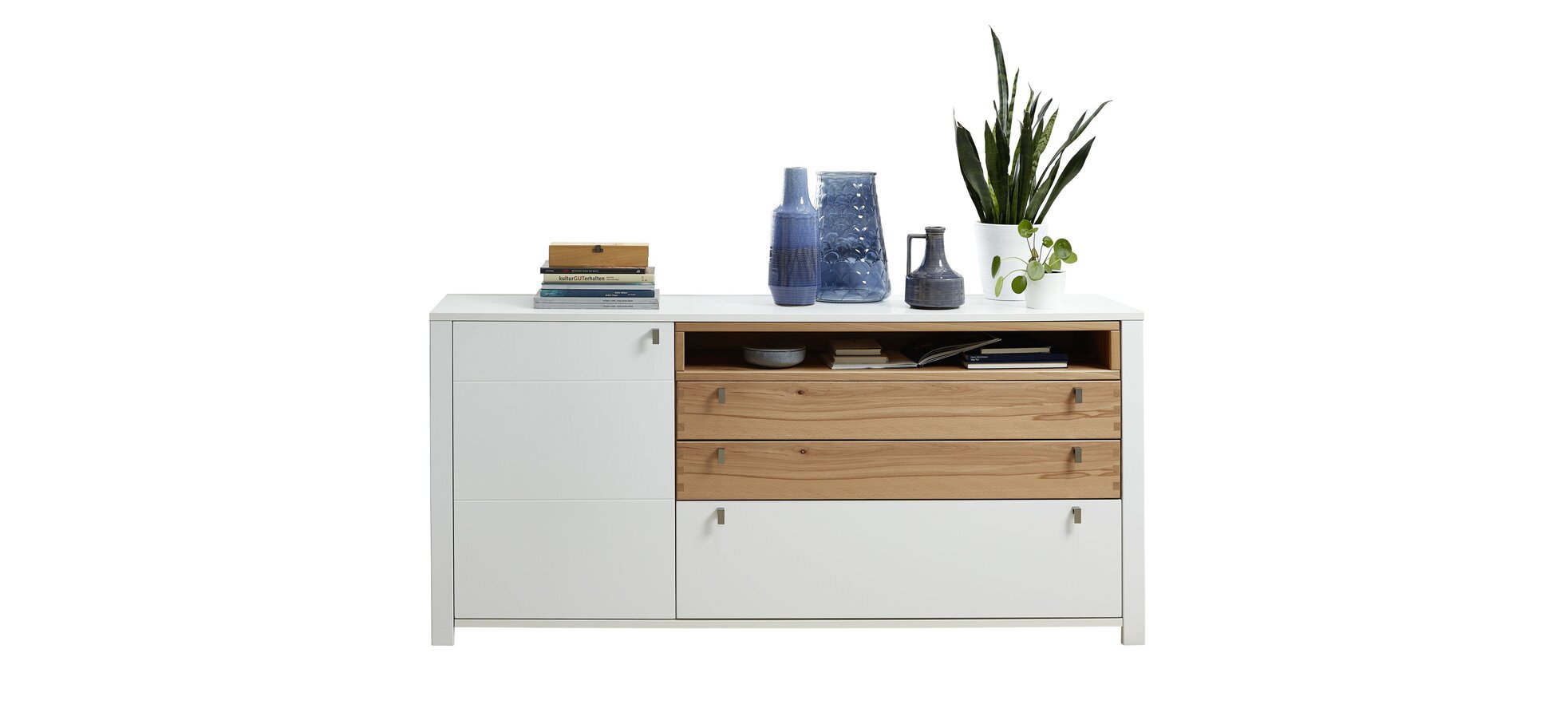 Sideboard - mit Beleuchtung, Weiß, Wildbuche massiv