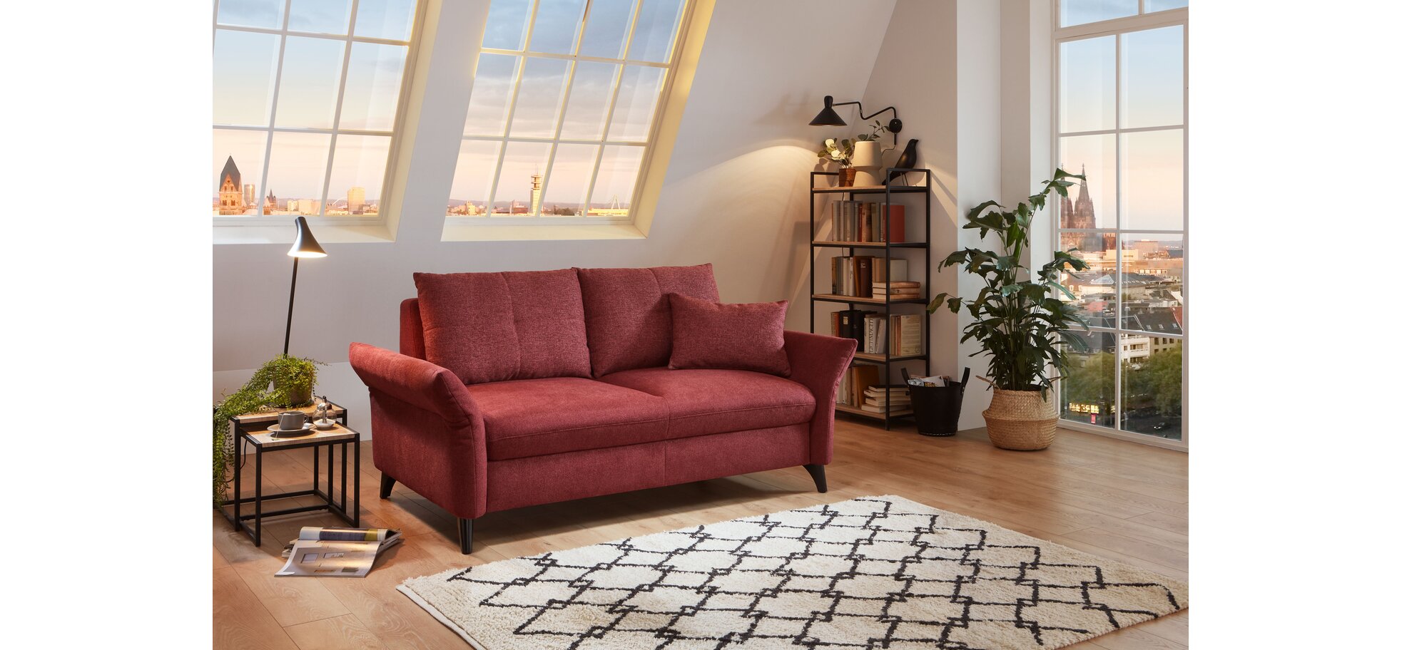 Sofa - 2-Sitzer, Schlaffunktion (manuell), Flachgewebe, Weinrot – Bild 2