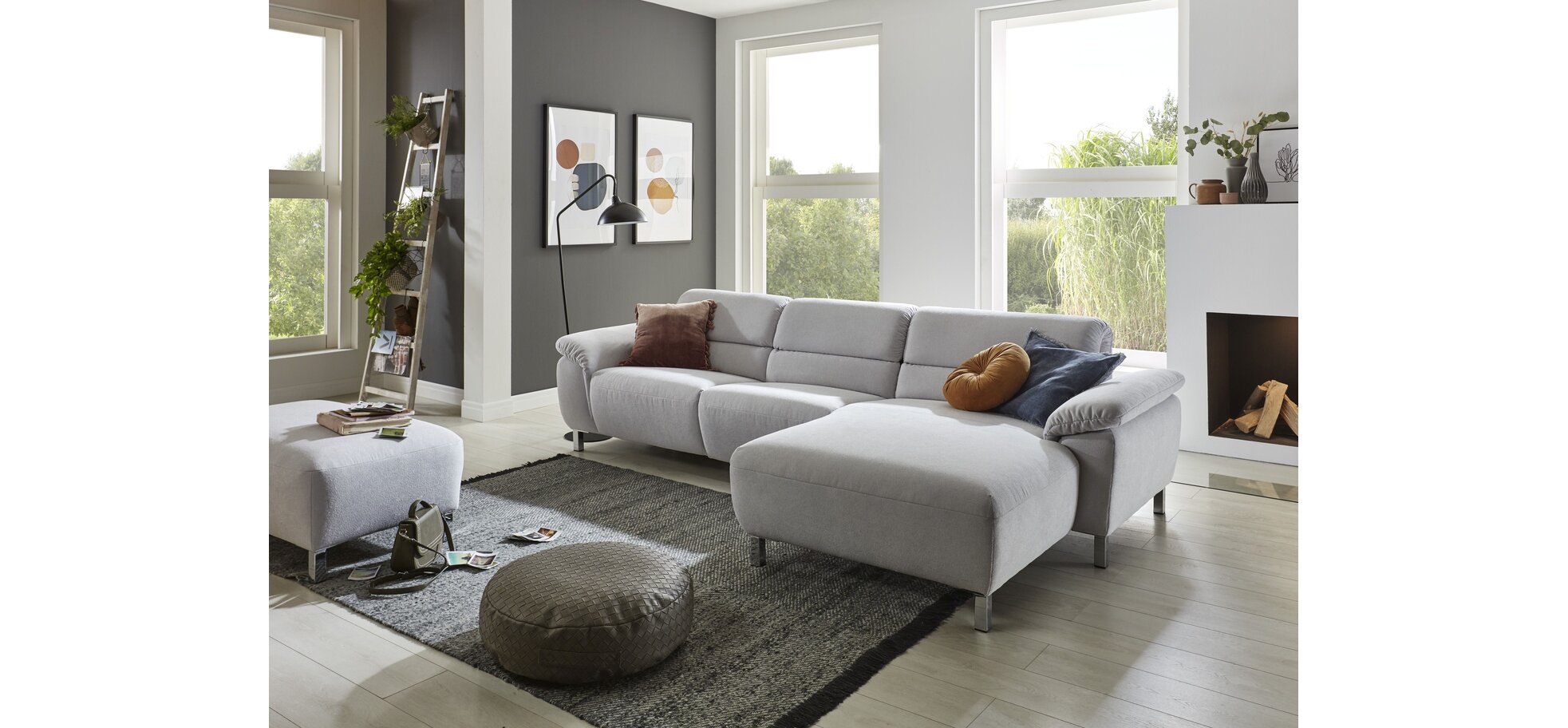 Ecksofa - 3-Sitzer mit Longchair rechts, Kopfteil verstellbar (manuell), Flachgewebe, Grau – Bild 2