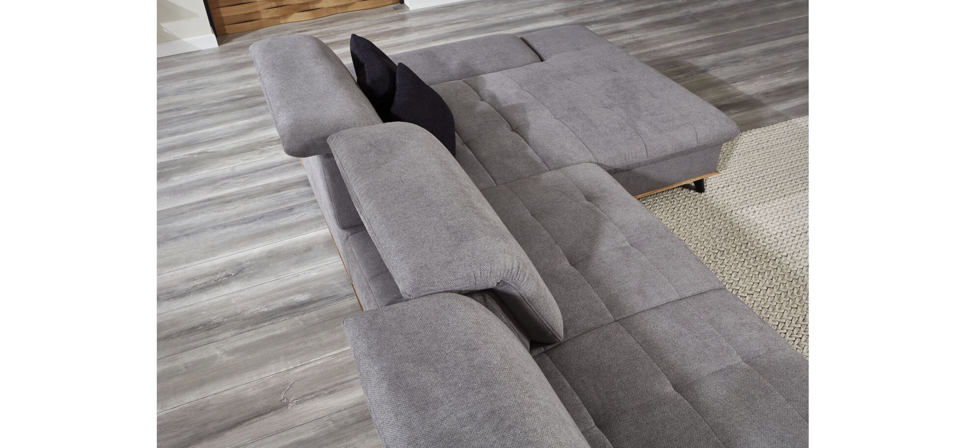 Ecksofa - 2-Sitzer mit Longchair rechts, inkl. Schwenkrücken, Stoff, Grau – Bild 3
