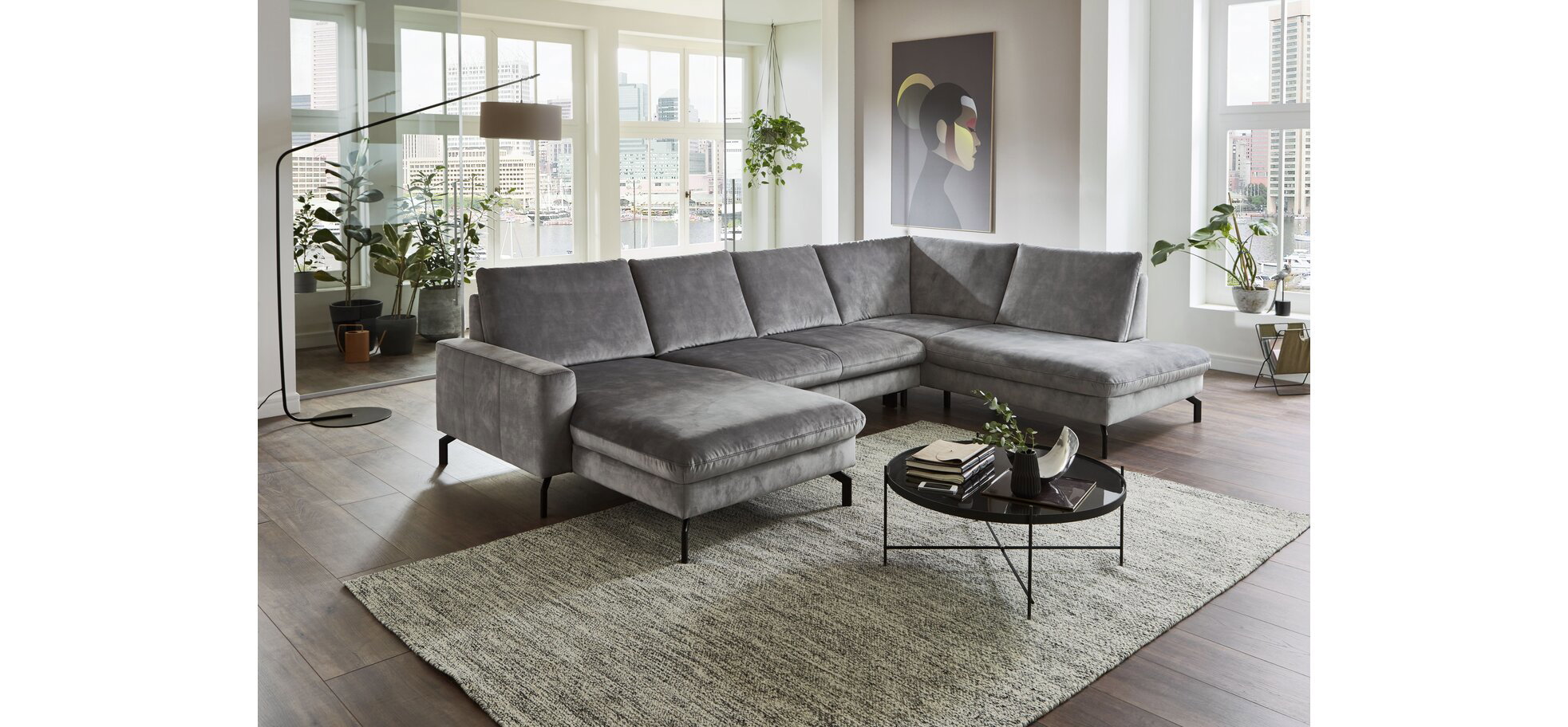 Wohnlandschaft - Longchair links, 2,5-Sitzer, Ecke rechts, Velour, Silbergrau – Bild 2