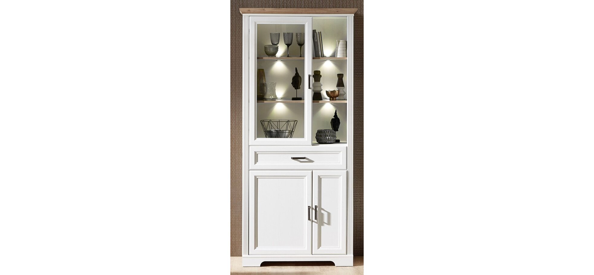 Vitrine - mit Beleuchtung, Weiß, Eiche Dekor