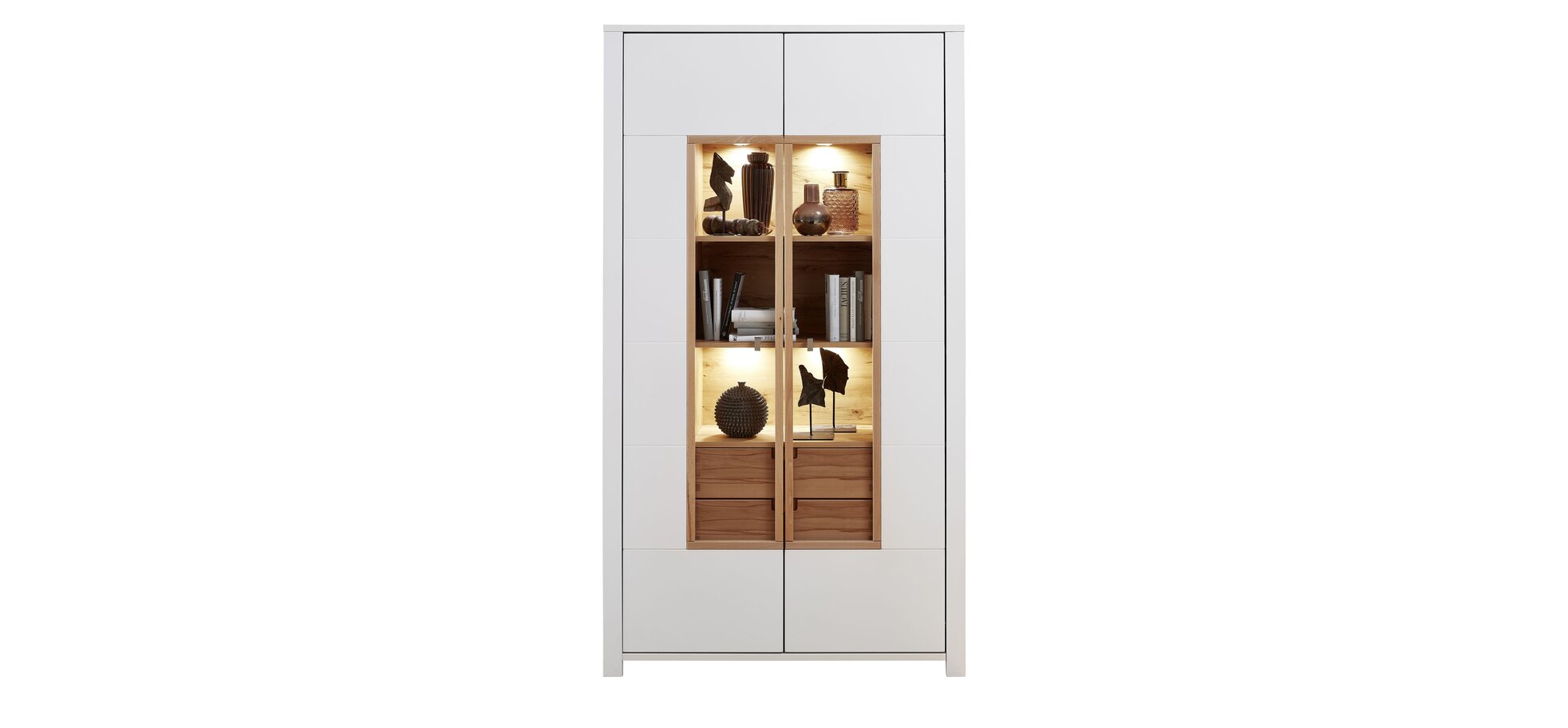Vitrine - mit Beleuchtung, Weiß, Wildbuche massiv