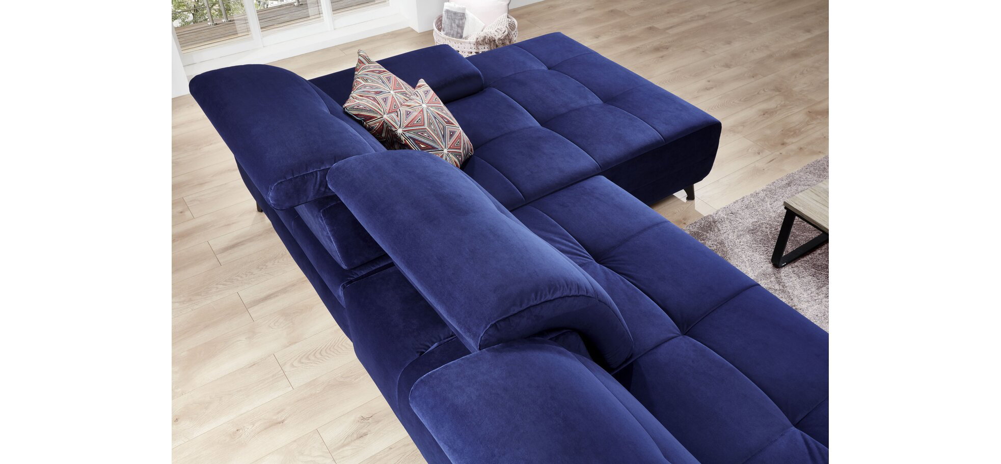 Sofa - 3-Sitzer mit Longchair rechts inkl. Schwenkrücken, Stoff, Blau – Bild 4