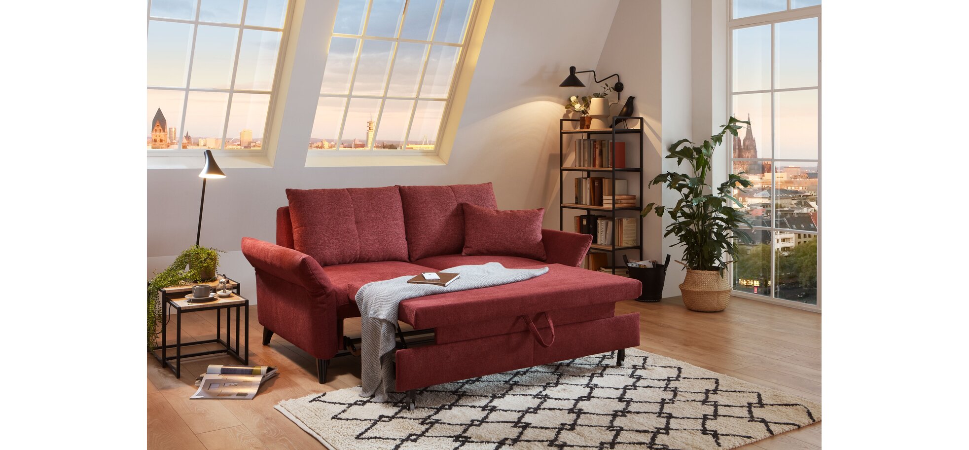 Sofa - 2-Sitzer, Schlaffunktion (manuell), Flachgewebe, Weinrot – Bild 3