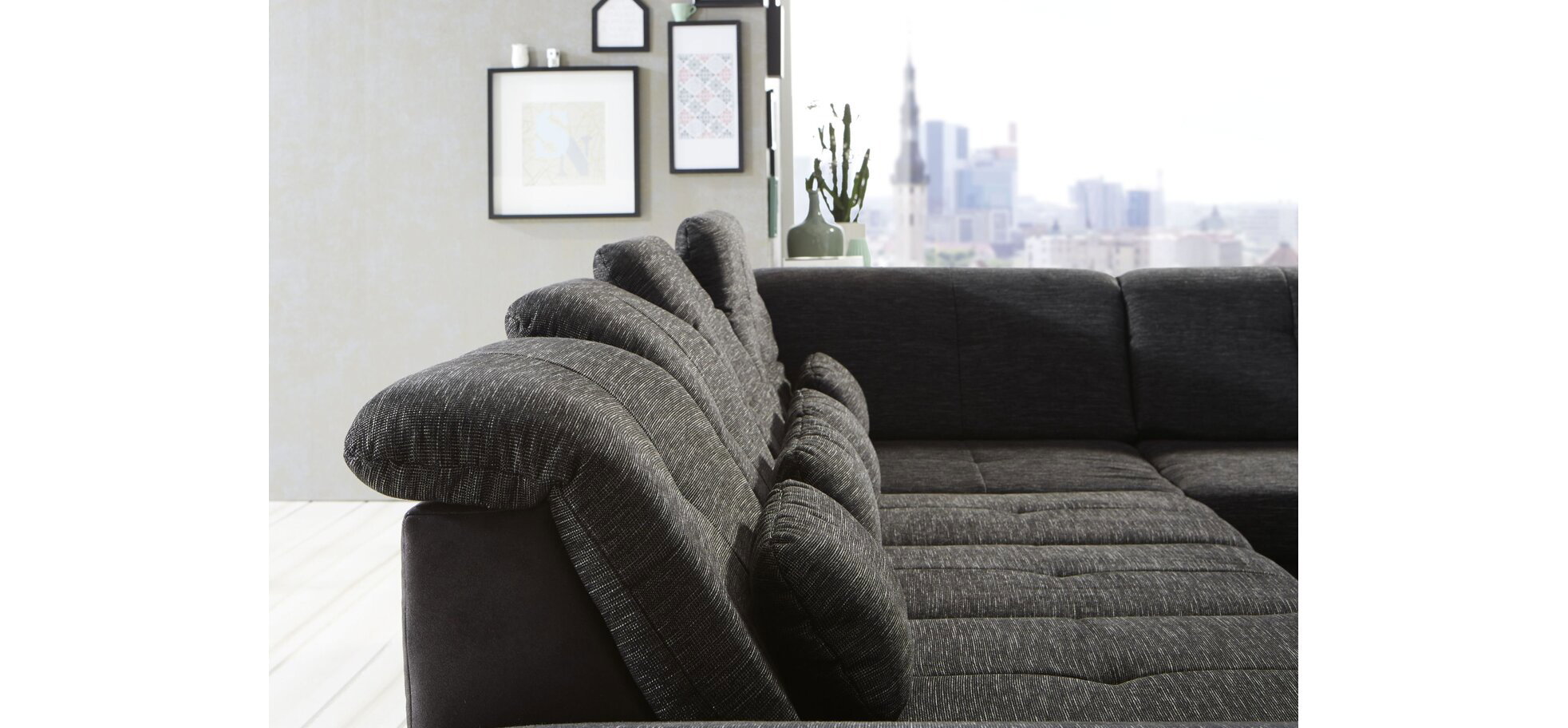 Wohnlandschaft - Longchair links mit 2,5-Sitzer und Ecke rechts, inkl. Sitztiefe verstellbar, Stoff, Schwarz/Anthrazit – Bild 3