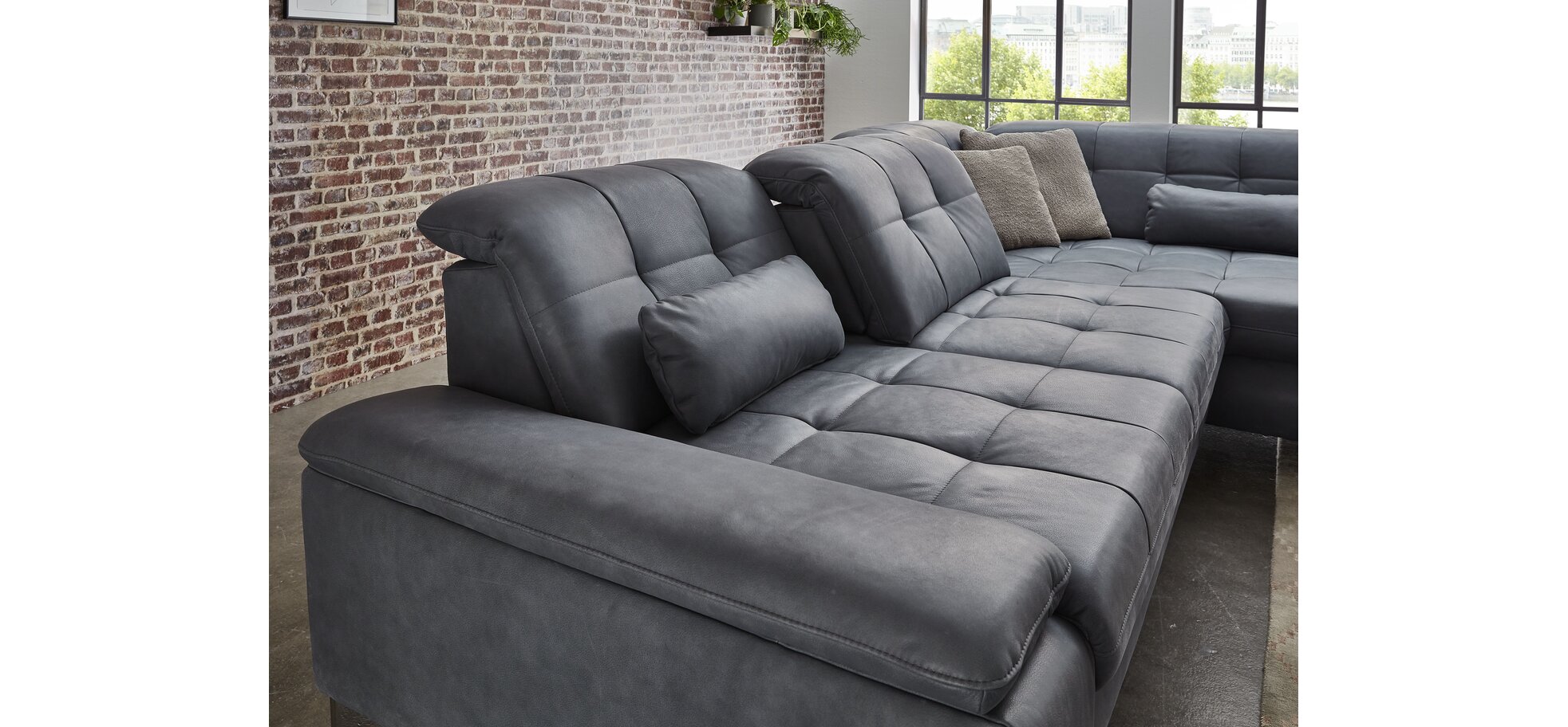 Ecksofa - 3-Sitzer mit Ecke rechts, Sitztiefe verstellbar (mauell), Leder, Eisengrau – Bild 4