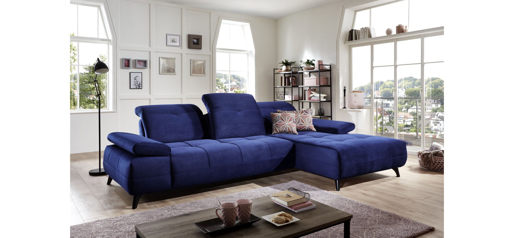 Sofa - 3-Sitzer mit Longchair rechts inkl. Schwenkrücken, Stoff, Blau – Bild 3