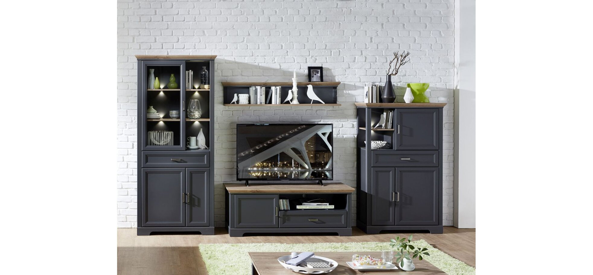 Vitrine - mit Beleuchtung, Graphit, Eiche Dekor – Bild 7