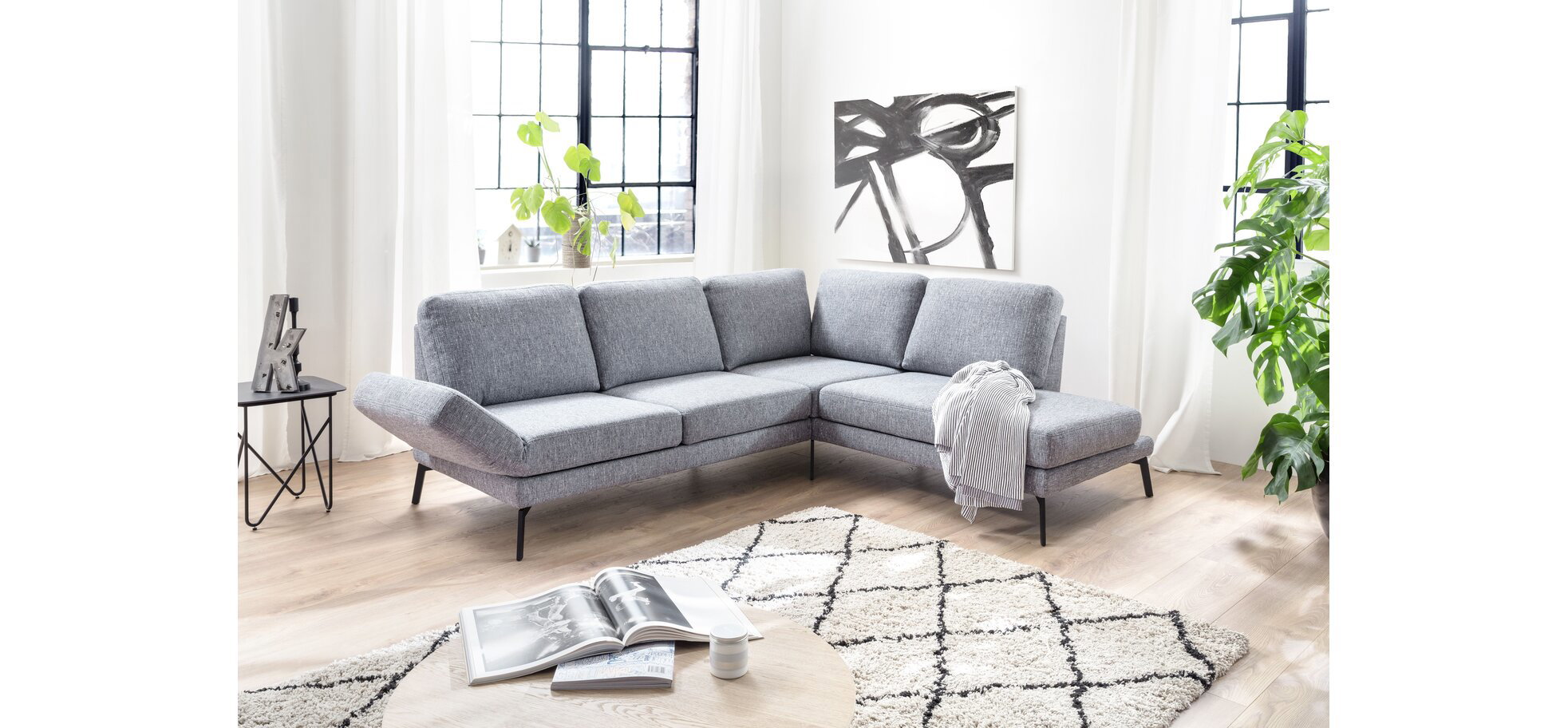 Ecksofa - 2-Sitzer mit Ecke rechts, Rückenlehne/Armlehne verstellbar (manuell), Drehsitz (manuell), Flachgewebe, Graublau – Bild 2