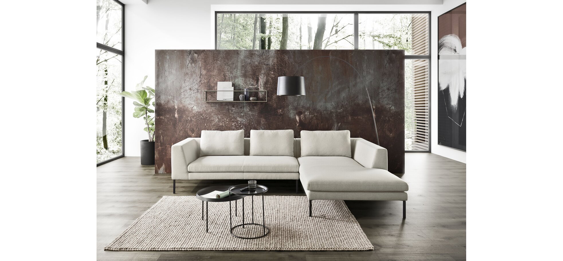 Ecksofa - 2,5-Sitzer mit Longchair klein rechts, Flachgewebe, Hellgrau – Bild 2