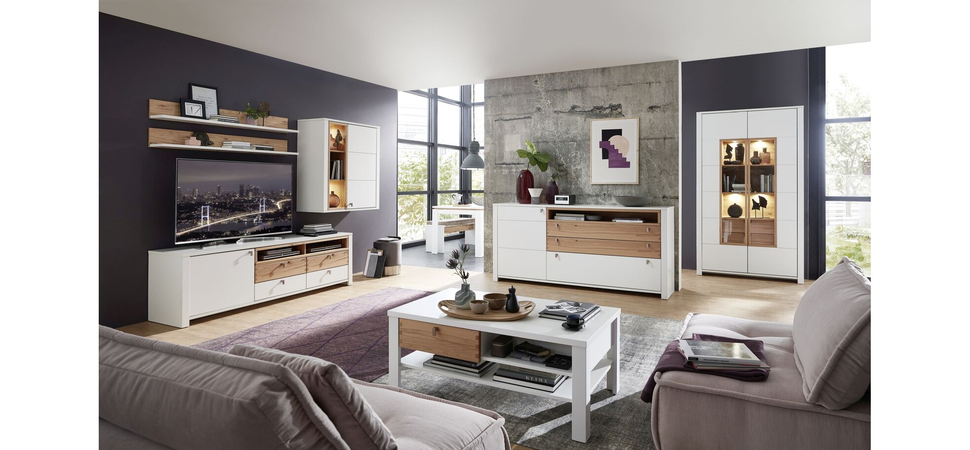Vitrine - mit Beleuchtung, Weiß, Wildbuche massiv – Bild 2