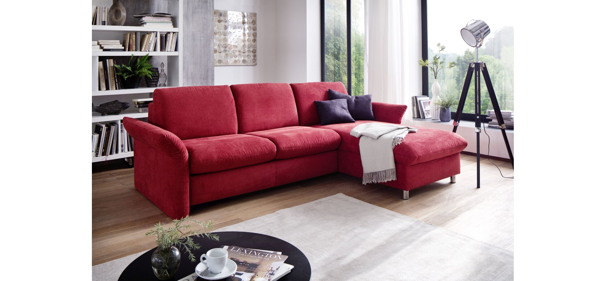 Schlafsofa - 2-Sitzer mit Longchair rechts inkl. Bettfunktion, Stoff, Bordeaux – Bild 2