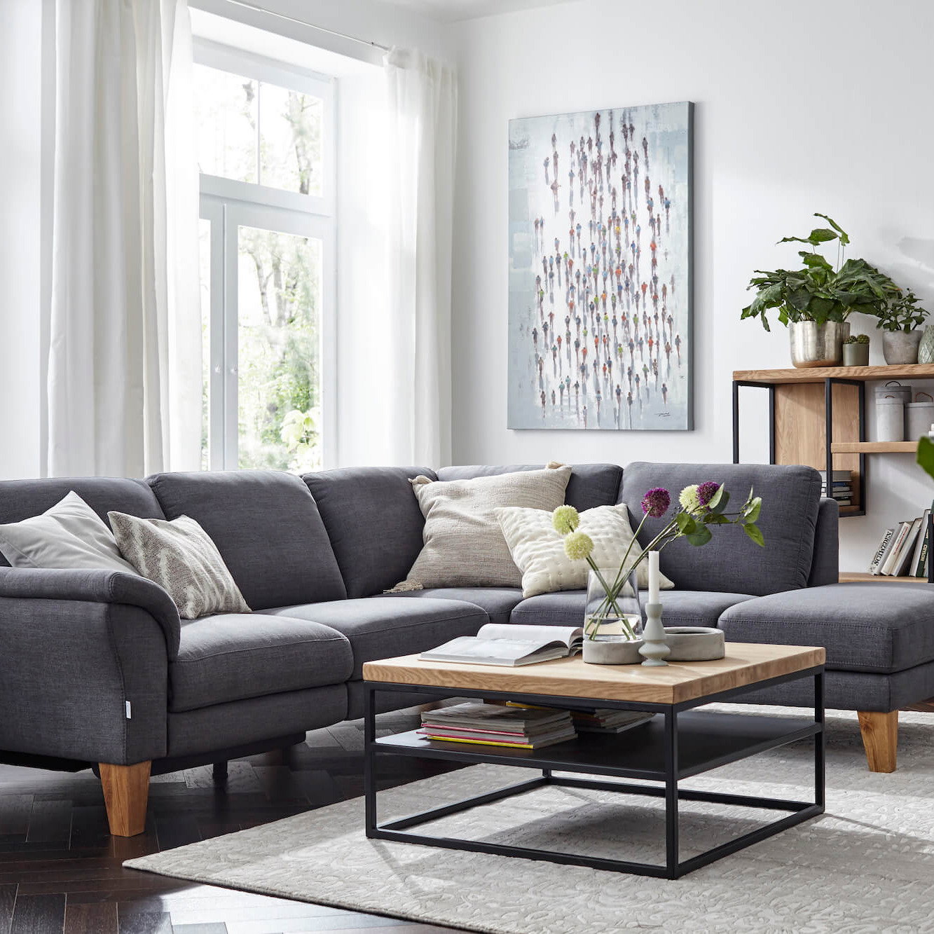 Ecksofa Rockport von Natura Home, Stoff grau, Ecke rechts, Konische Füße in Eiche massiv