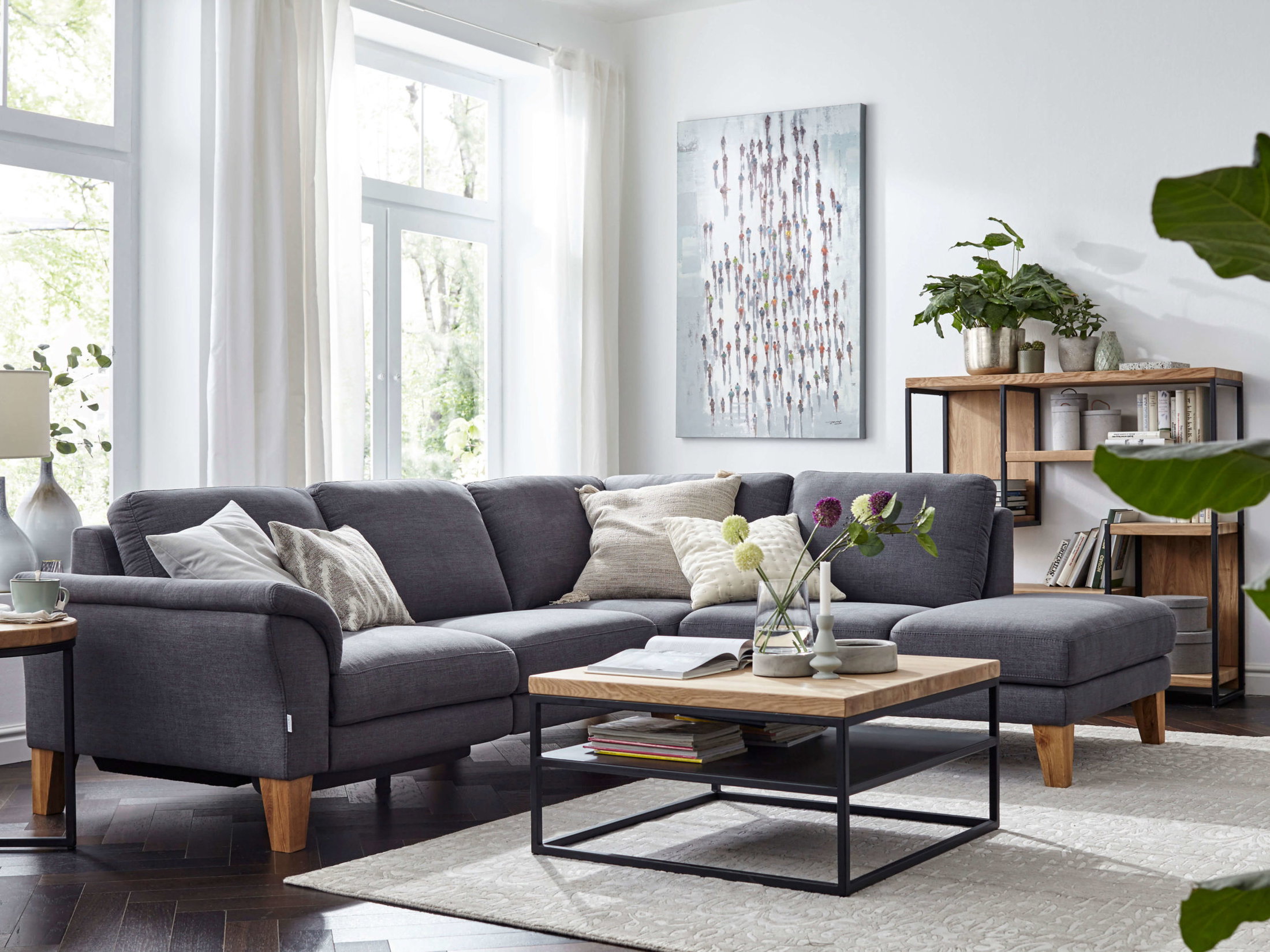 Ecksofa Rockport von Natura Home, Stoff grau, Ecke rechts, Konische Füße in Eiche massiv, inklusive motorischer Relaxfunktion