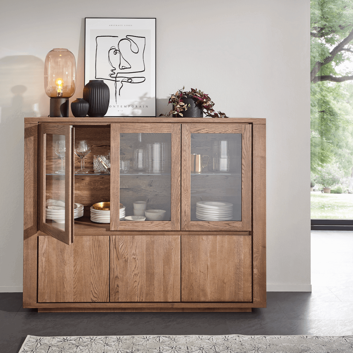Highboard Bakersfield - sichtbare Rückwand geschroppt, Asteiche massiv, barrique von Natura Home