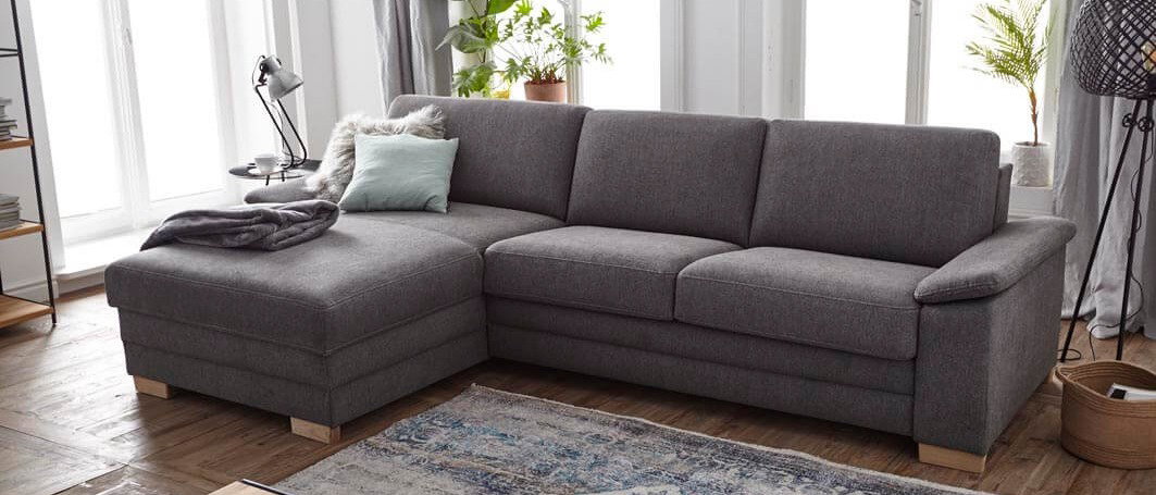 Ecksofa Lakeville Natura Home, grau, Stoff, Füße Eiche massiv