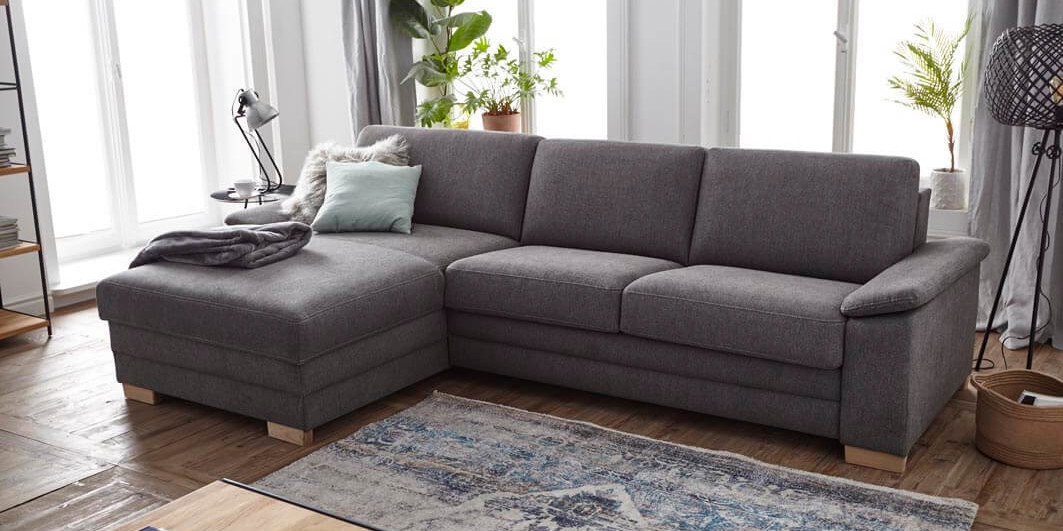 Ecksofa Lakeville Natura Home, grau, Stoff, F&uuml;&szlig;e Eiche massiv