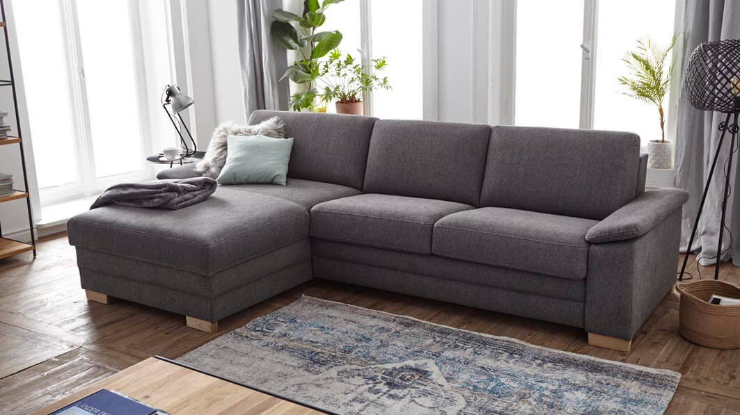 Ecksofa Lakeville Natura Home, grau, Stoff, Füße Eiche massiv