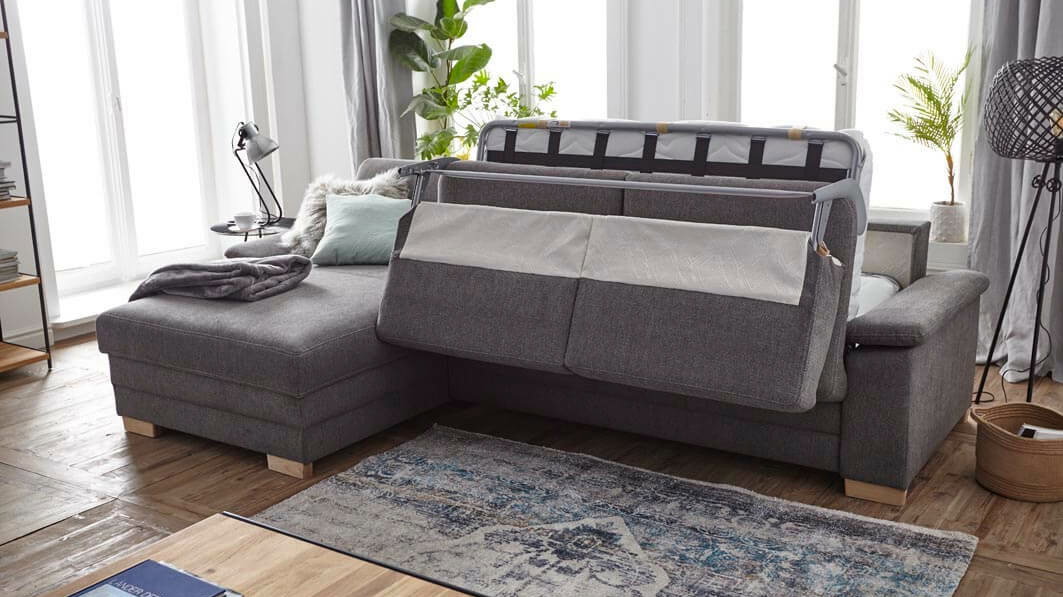 Ecksofa Lakeville Natura Home, grau, Stoff, Füße Eiche massiv