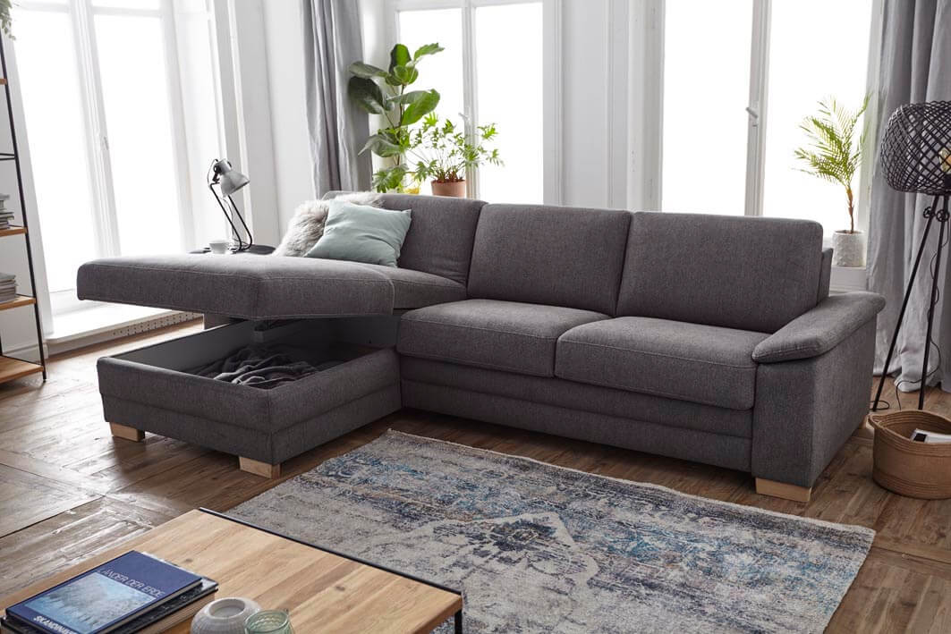 Ecksofa Lakeville Natura Home, grau, Stoff, Füße Eiche massiv