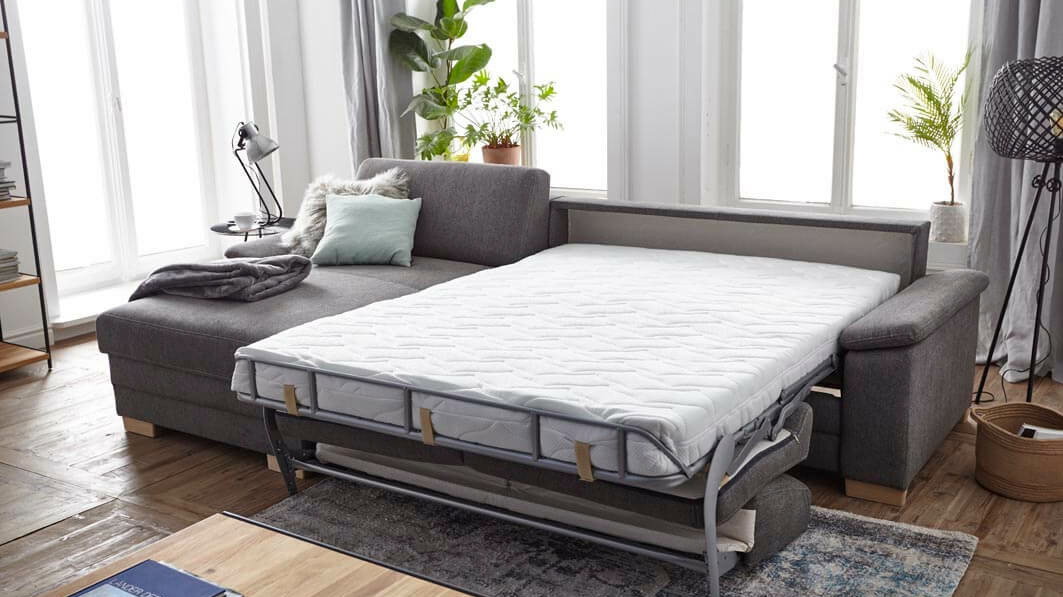 Ecksofa Lakeville Natura Home, grau, Stoff, Füße Eiche massiv