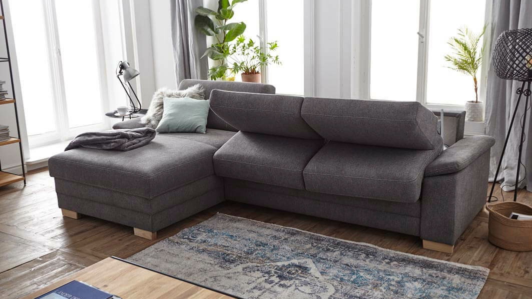 Ecksofa Lakeville Natura Home, grau, Stoff, Füße Eiche massiv