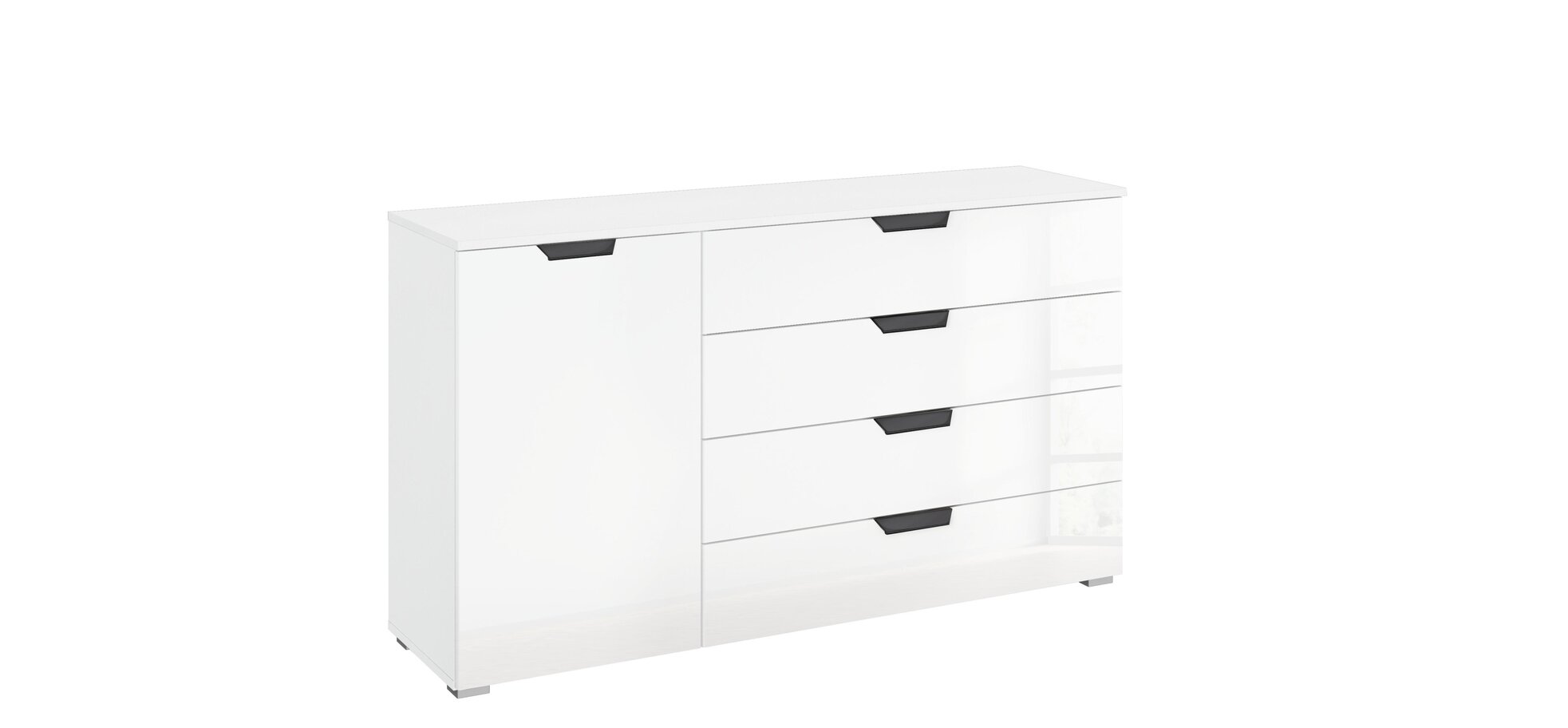 Kommode ROMED- Korpus Alpinweiß, Glasfronten Weiß, 1 Tür, 4 Schübe