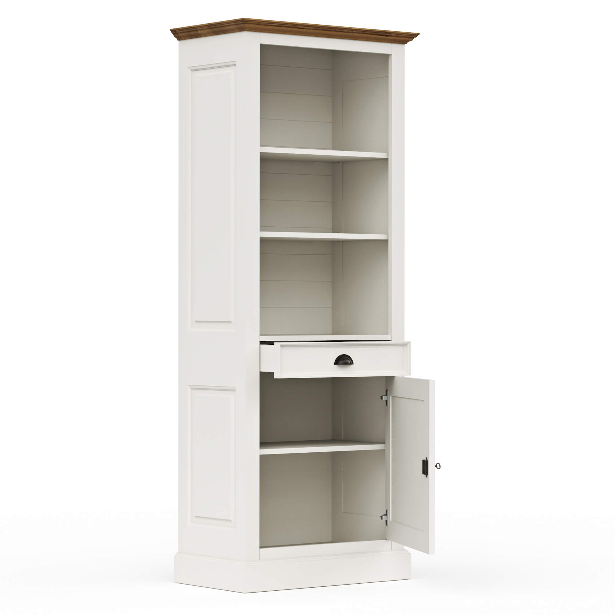 Bücherschrank Louisiana - teilmassiv, Weiß, mit Platte aus massiver Eiche, von Lebensart