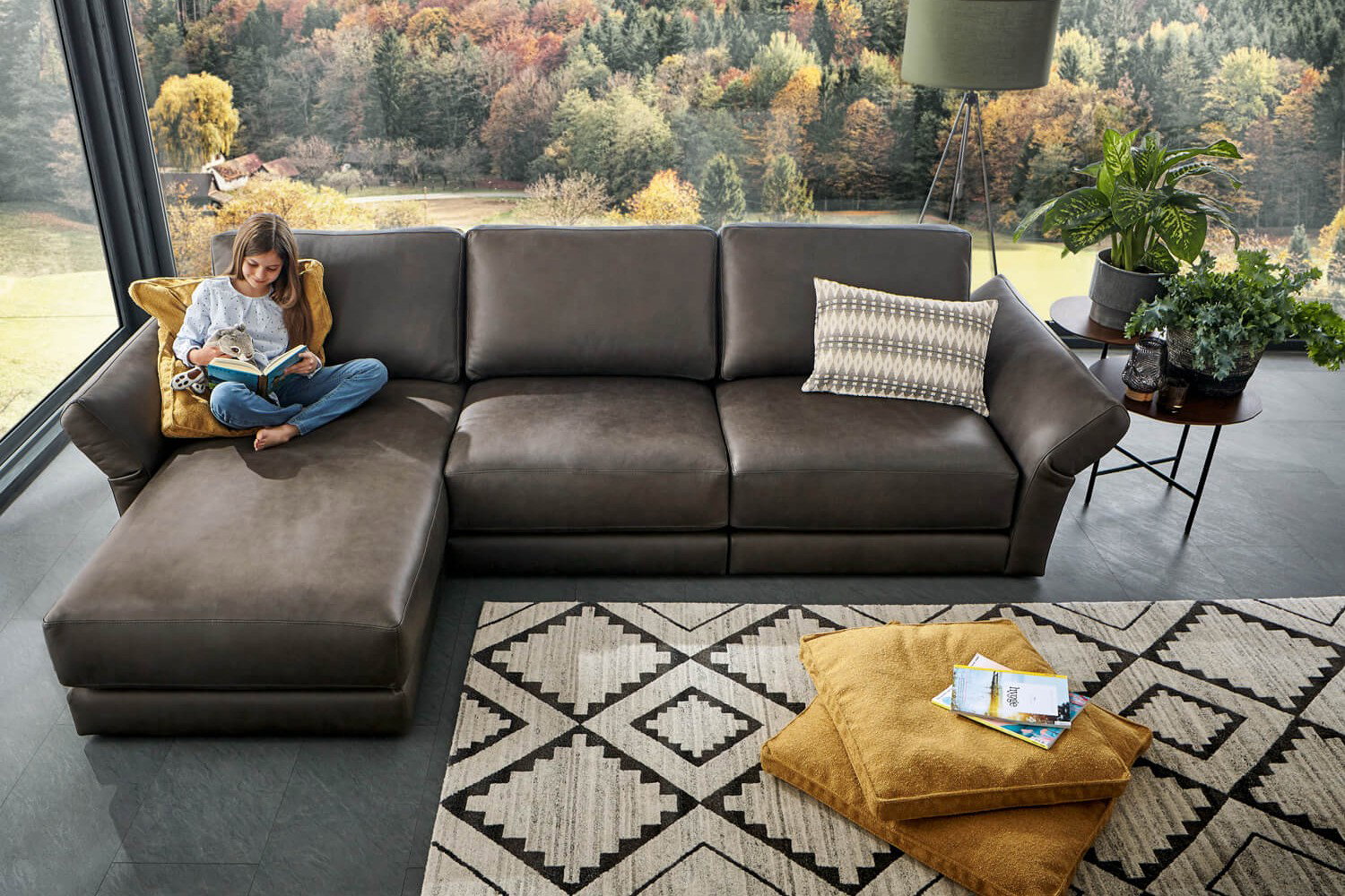 Braunes Ecksofa mit Lederbezug