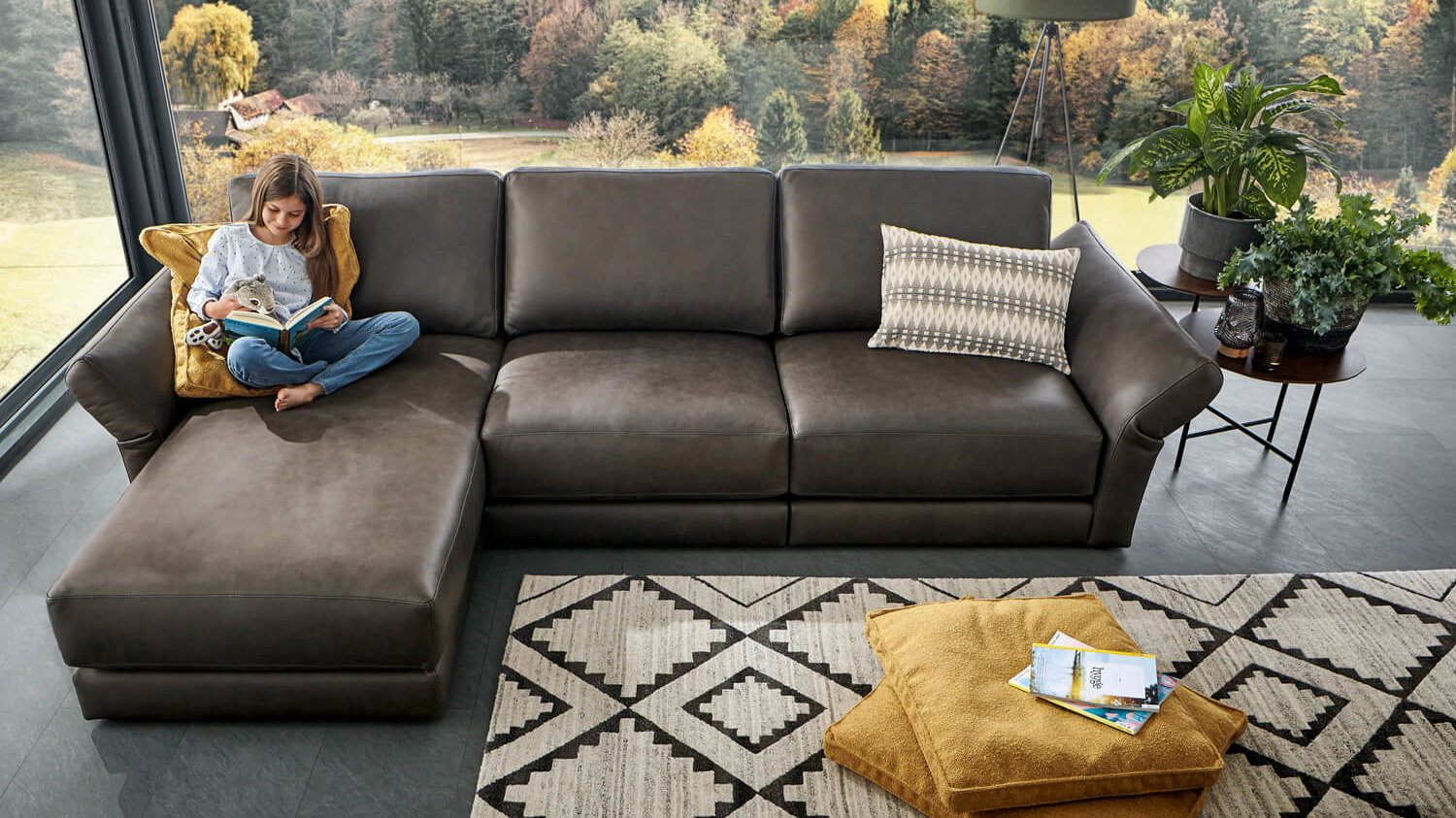Braunes Ecksofa mit Lederbezug