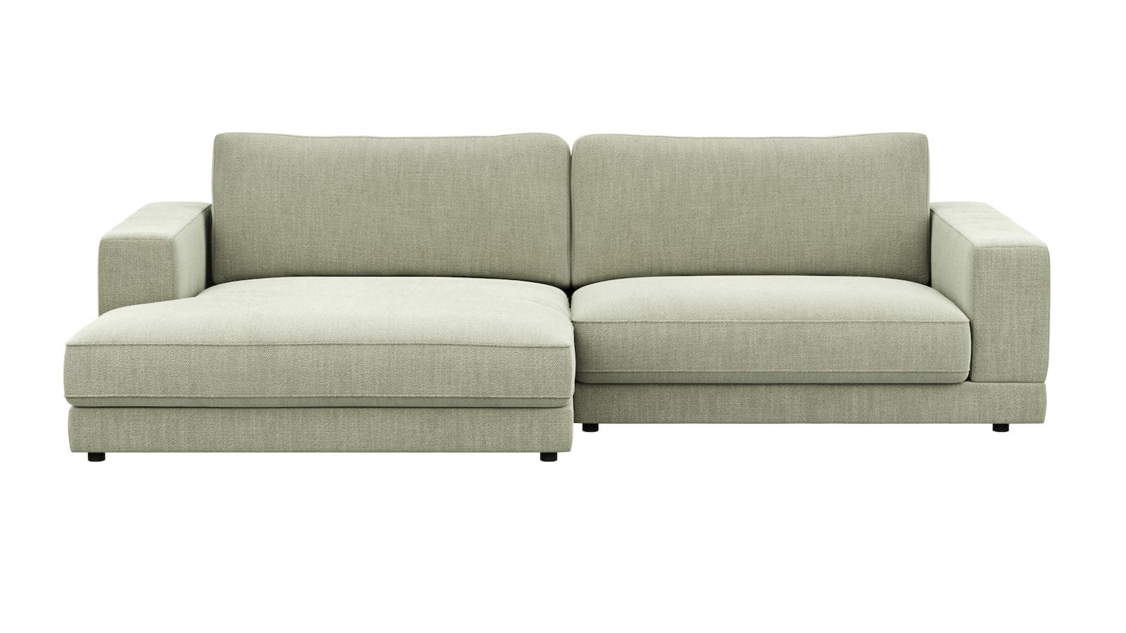 1,5 Sitzer Sofa Juni in Lindgrün Flachgewebe mit Longchair links oder rechts von Raum.Freunde