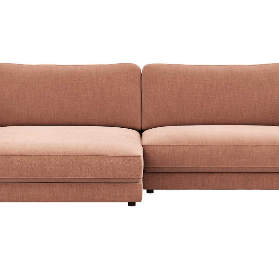 1,5 Sitzer Sofa Juni in Pfirsich Flachgewebe mit Longchair links oder rechts von Raum.Freunde