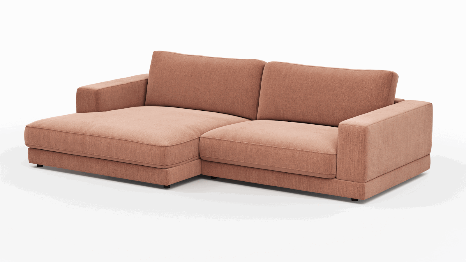 1,5 Sitzer Sofa Juni in Pfirsich Flachgewebe mit Longchair links oder rechts von Raum.Freunde