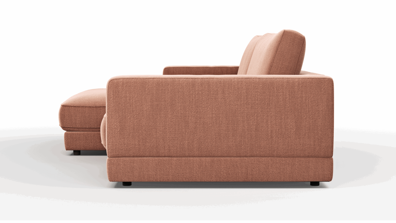 1,5 Sitzer Sofa Juni in Pfirsich Flachgewebe mit Longchair links oder rechts von Raum.Freunde