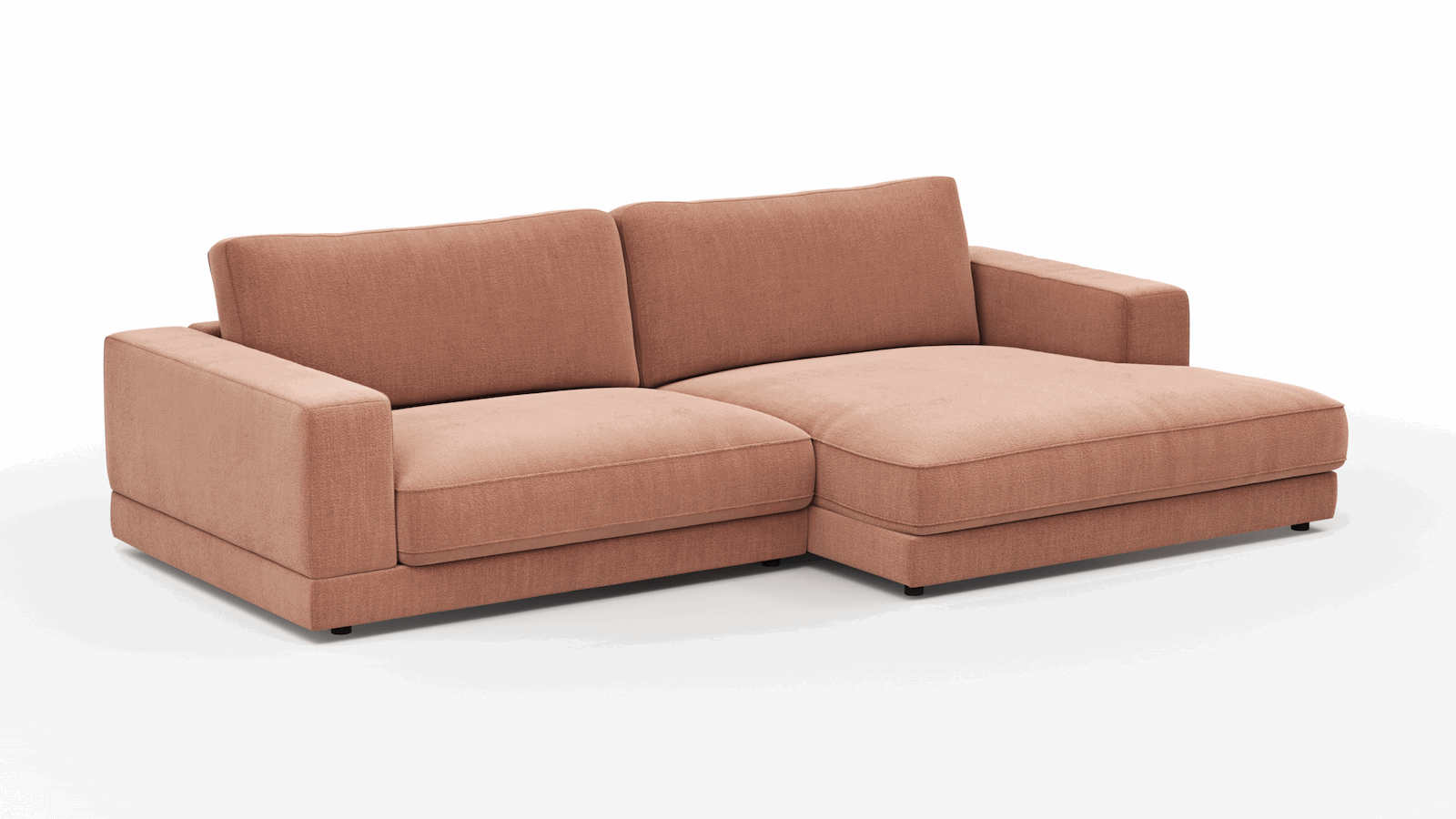 1,5 Sitzer Sofa Juni in Pfirsich Flachgewebe mit Longchair links oder rechts von Raum.Freunde