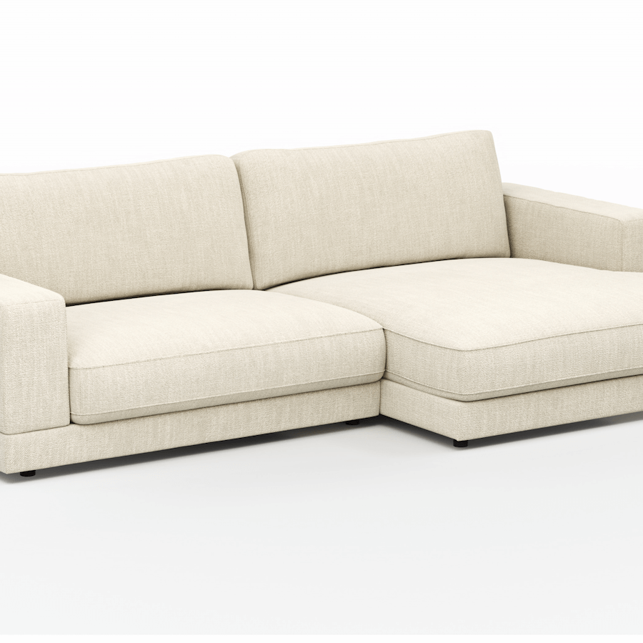 1,5 Sitzer Sofa Juni in Weiß Flachgewebe mit Longchair links oder rechts von Raum.Freunde