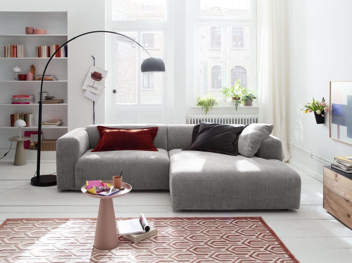 Ecksofa Laja - 1-Sitzer mit Longchair links oder rechts, Stoff, Steingrau