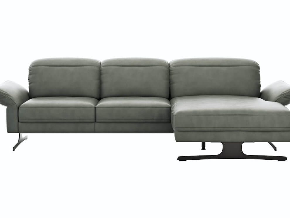 Ecksofa Rockport B - 2,5-Sitzer mit Longchair rechts inkl. Kopfteil/Sitztiefe/Armlehne verstellbar, Leder, Grau