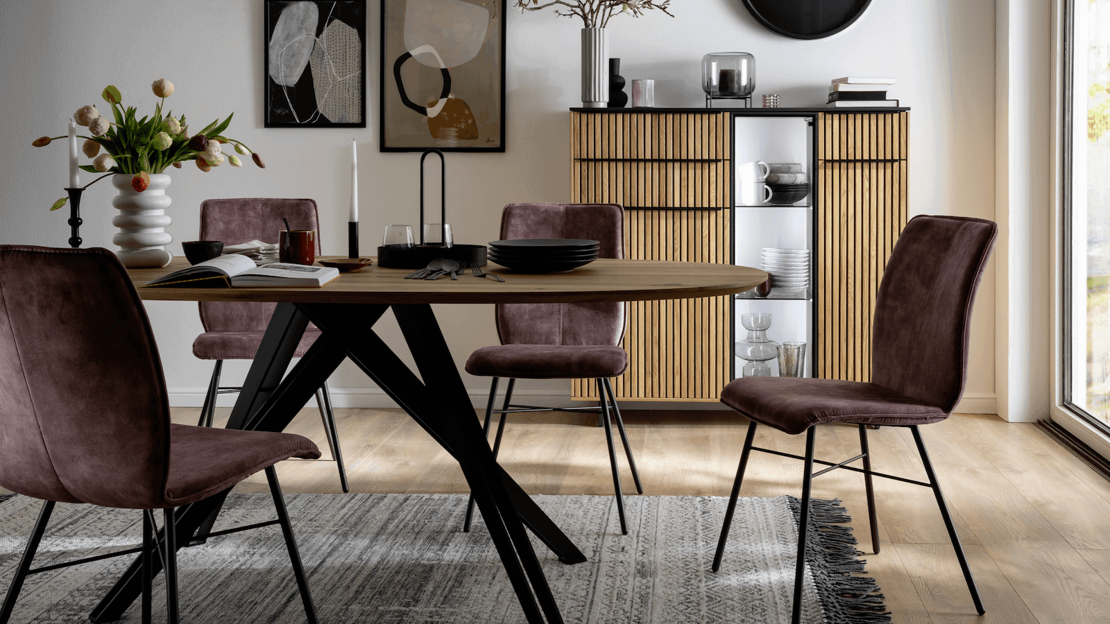 Esstisch Erik - LB ca. 200/220x100 cm, Asteiche massiv, Mikadogestell, oval von Raum.freunde