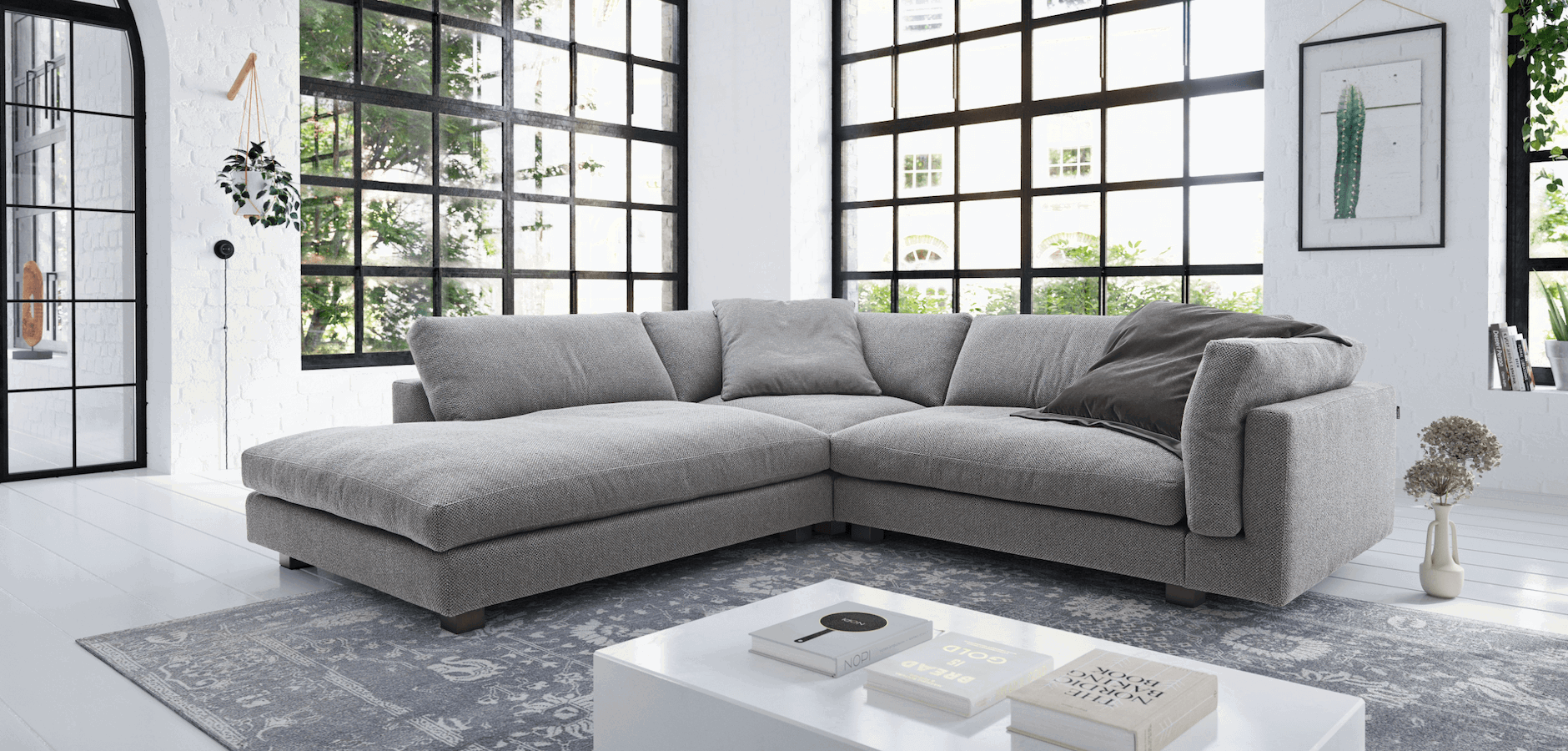Ecksofa Aprino 3 - Ecke links mit 2,5-Sitzer, Stoff, Grau