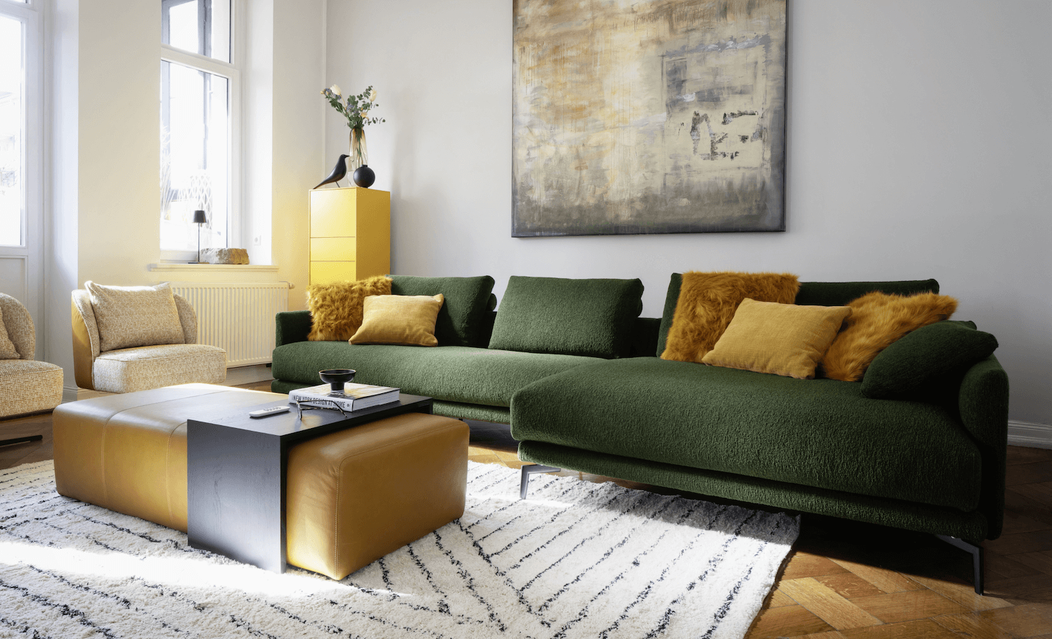 Ecksofa Cuneo - 2,5-Sitzer, Longchair rechts, Stoff, Gr&uuml;n
