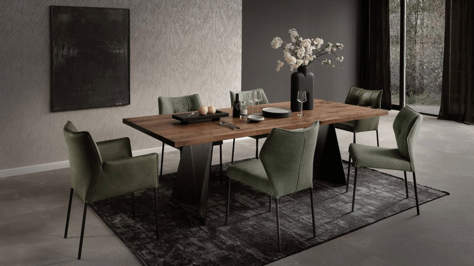 Esstisch 3100 - LB ca. 220x100 cm, Nussbaum Massiv, Stahlwange geneigt, Schwarz