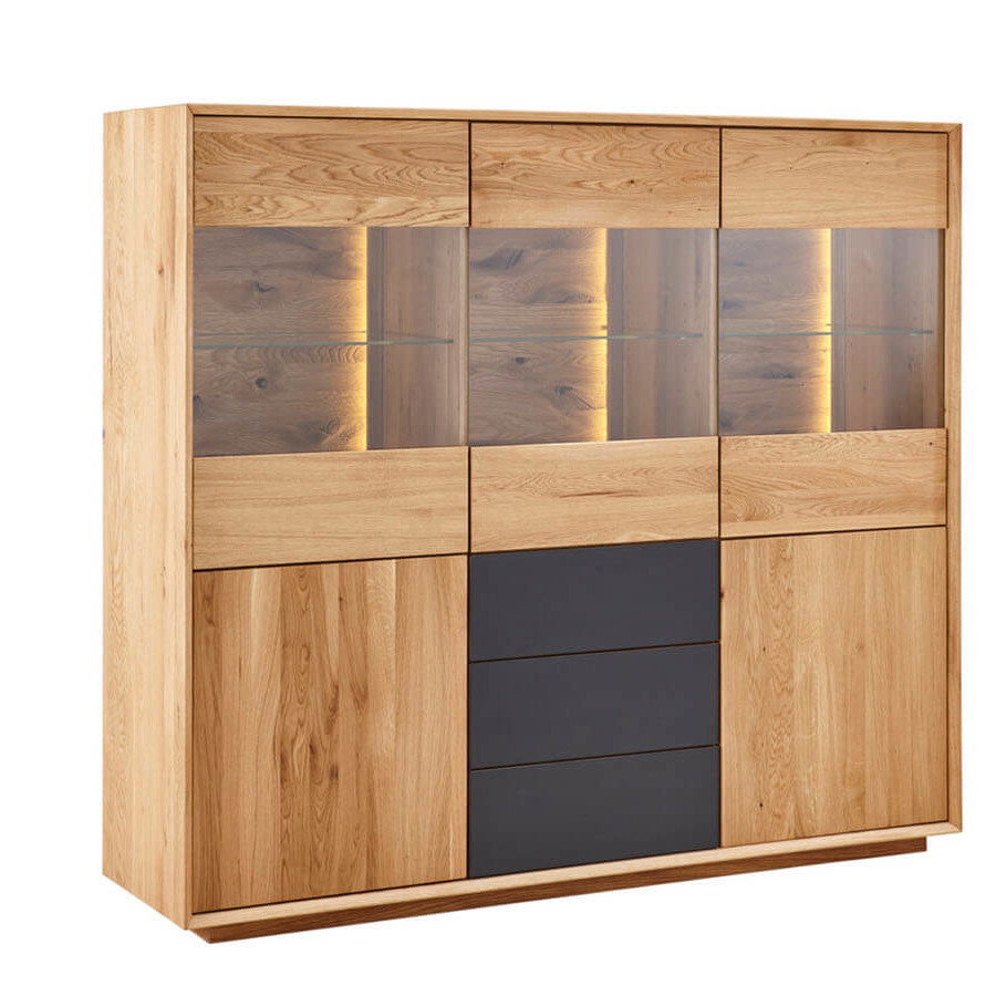 Highboard Missoula - inkl. Beleuchtung, Asteiche massiv, natur geölt - Schubladen mit Glas anthrazit von Natura Home