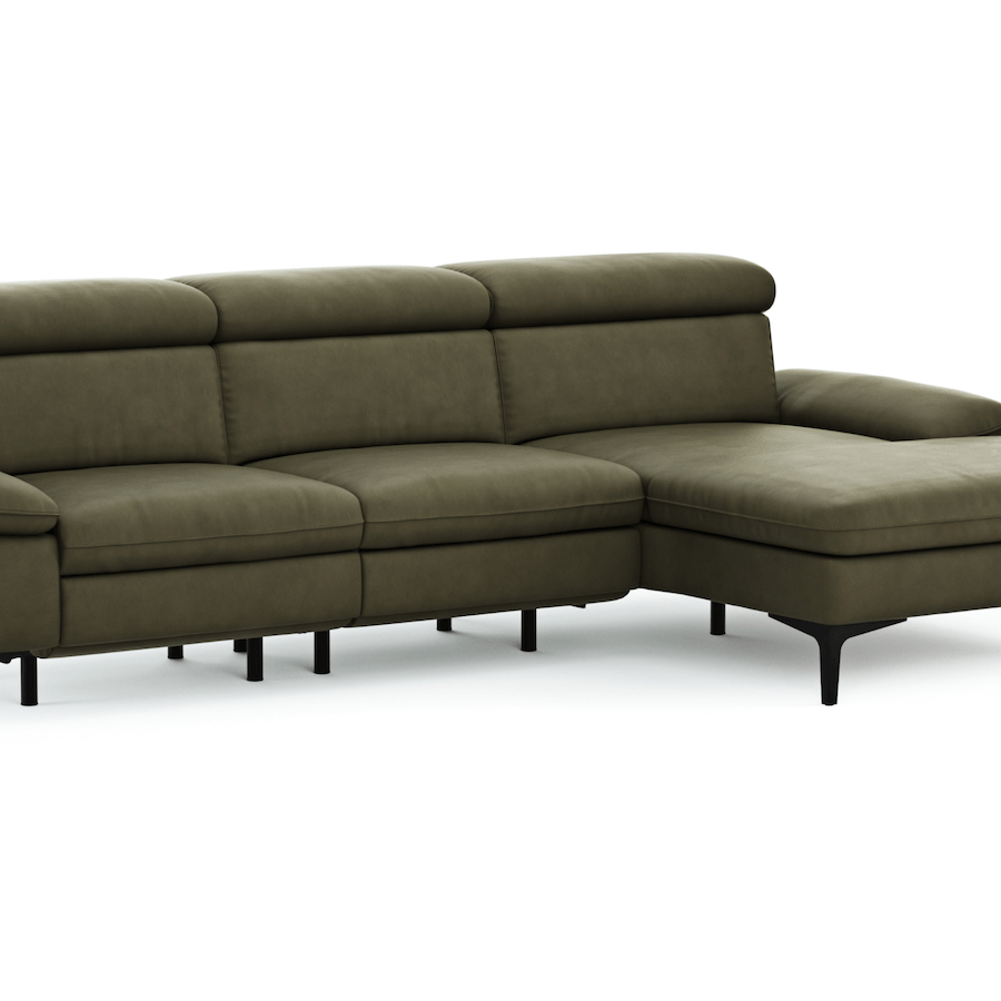 Longchair-Sofa Felipa (rechts) mit grünem Lederbezug und Relaxfunktion von Global Family